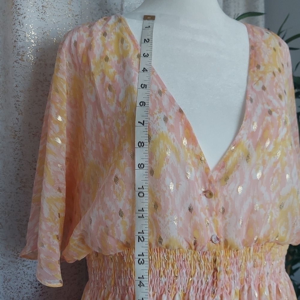 House Of Harlow 1960 Maxi Floral Short Sleeve Dress Gold Accent Button Down M - Picture 5 of 10